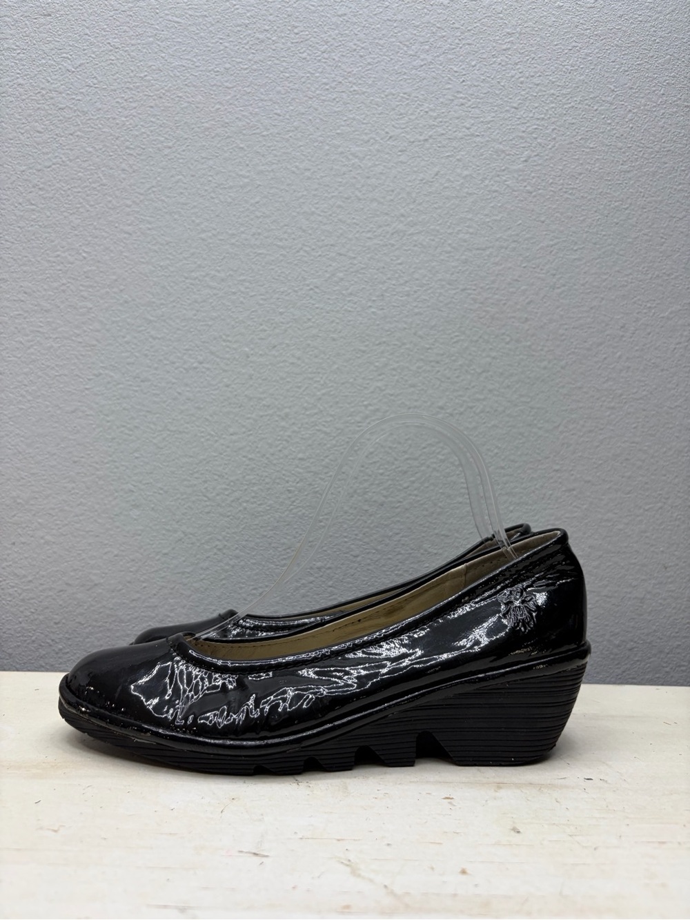 Fly London Black Patent Leather Yoni Wedge Shoes Size 36